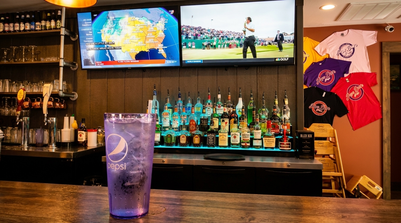 A bar with a Pepsi drink, liquor bottles, two TVs, and branded t-shirts on the wall.