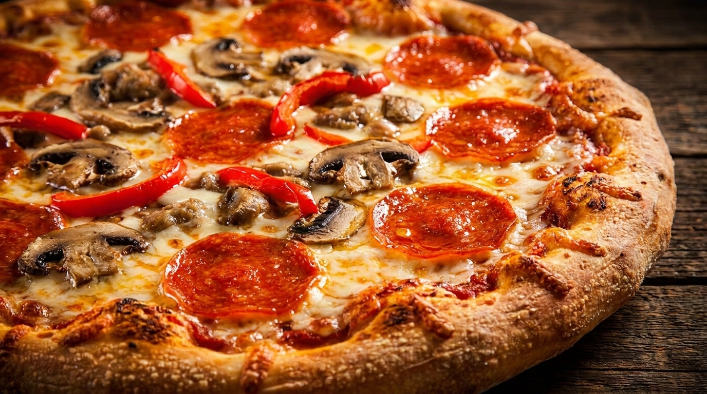 Close-up of a whole pizza with pepperoni, mushrooms, and red bell peppers on a wooden surface.