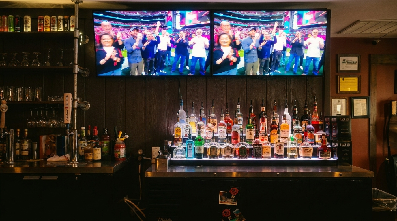 A well-stocked bar with liquor bottles, beer taps, and two large screens showing a cheering crowd.