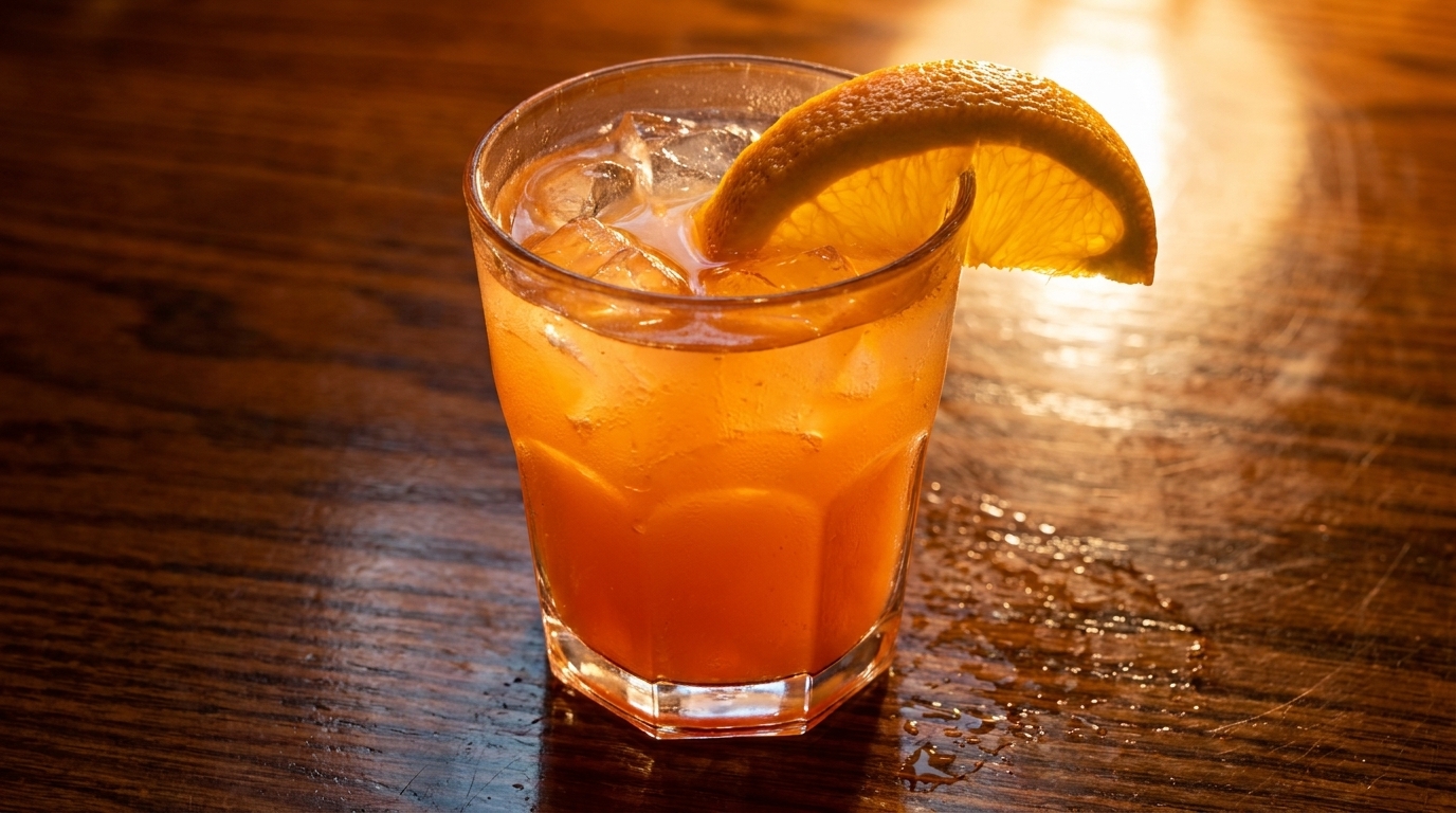Orange cocktail with ice and an orange slice garnish on a dark wooden table.