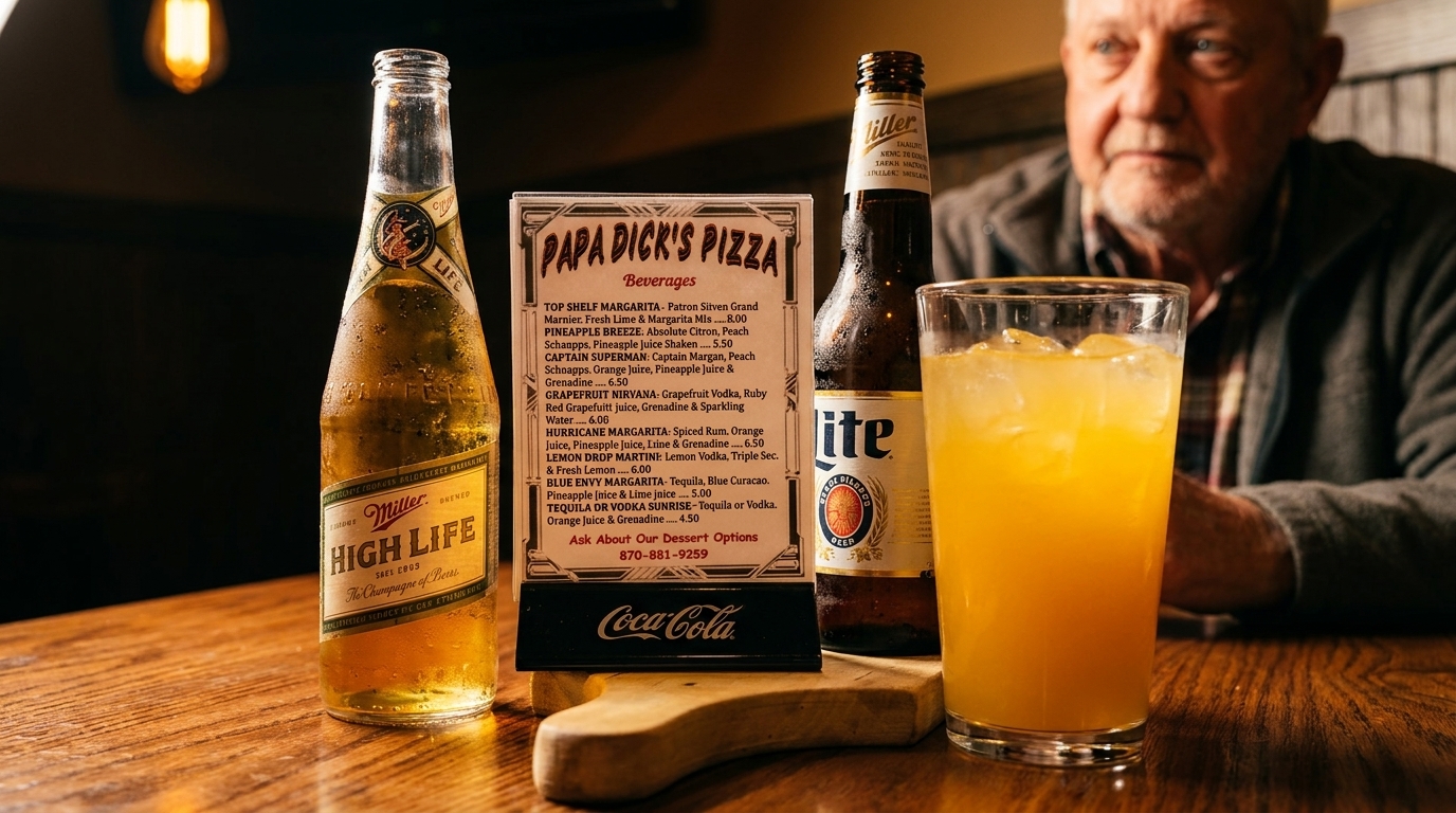 A Papa Dick's Pizza menu, two Miller beers, and an orange drink on a table with a man in the background.