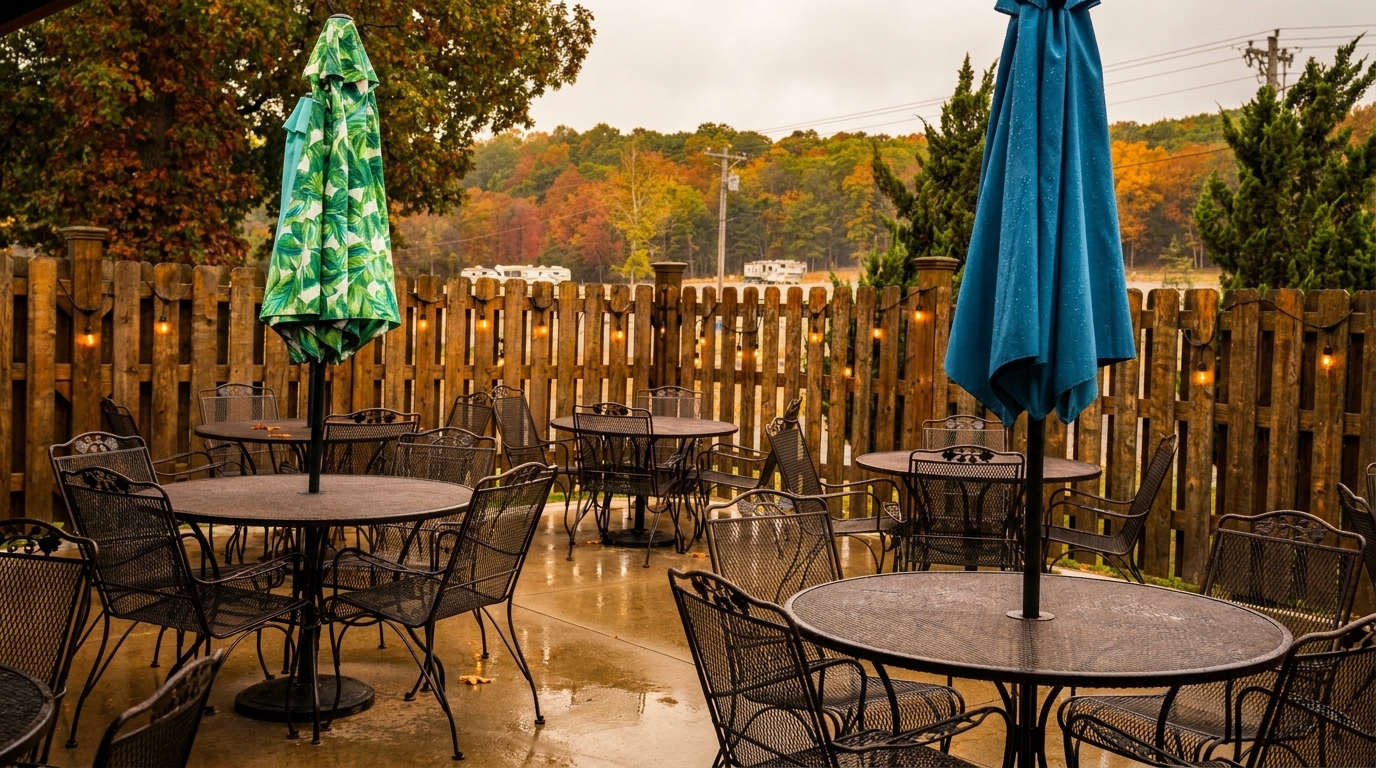 Outdoor patio with metal tables and chairs, umbrellas, and a wooden fence with string lights.