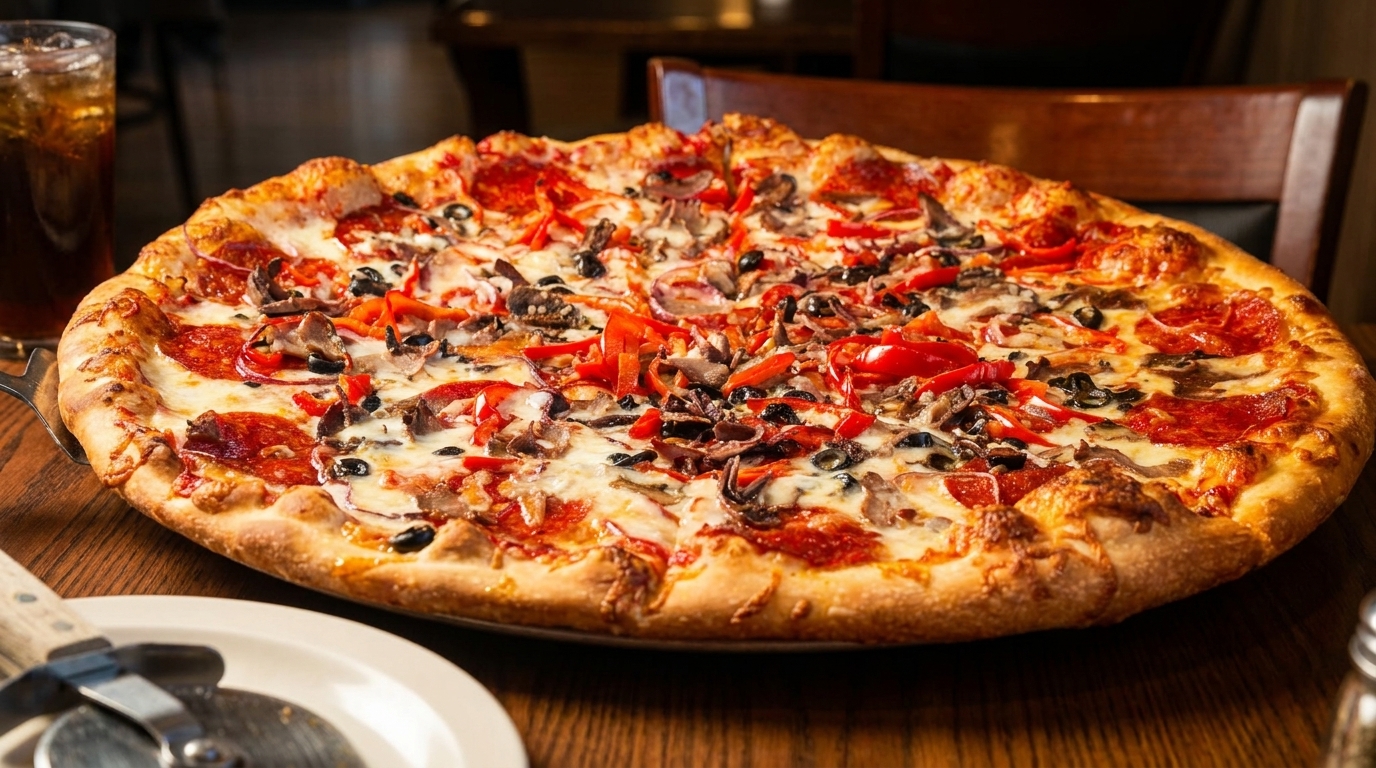 A large, hot pizza with pepperoni, red peppers, olives, and mushrooms on a wooden table.