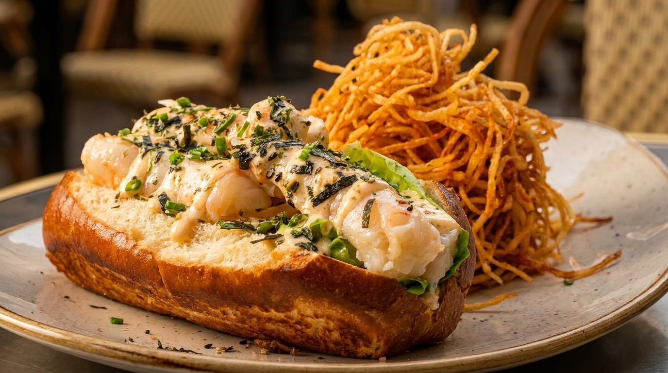 A lobster roll with sauce and herbs, served with a side of crispy shoestring fries on a plate.
