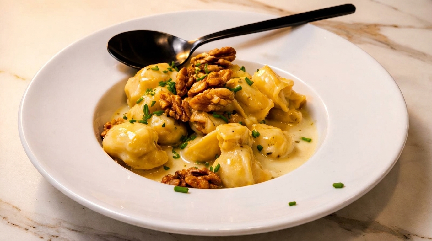 Creamy pasta dish with walnuts and chives in a white bowl with a black spoon.