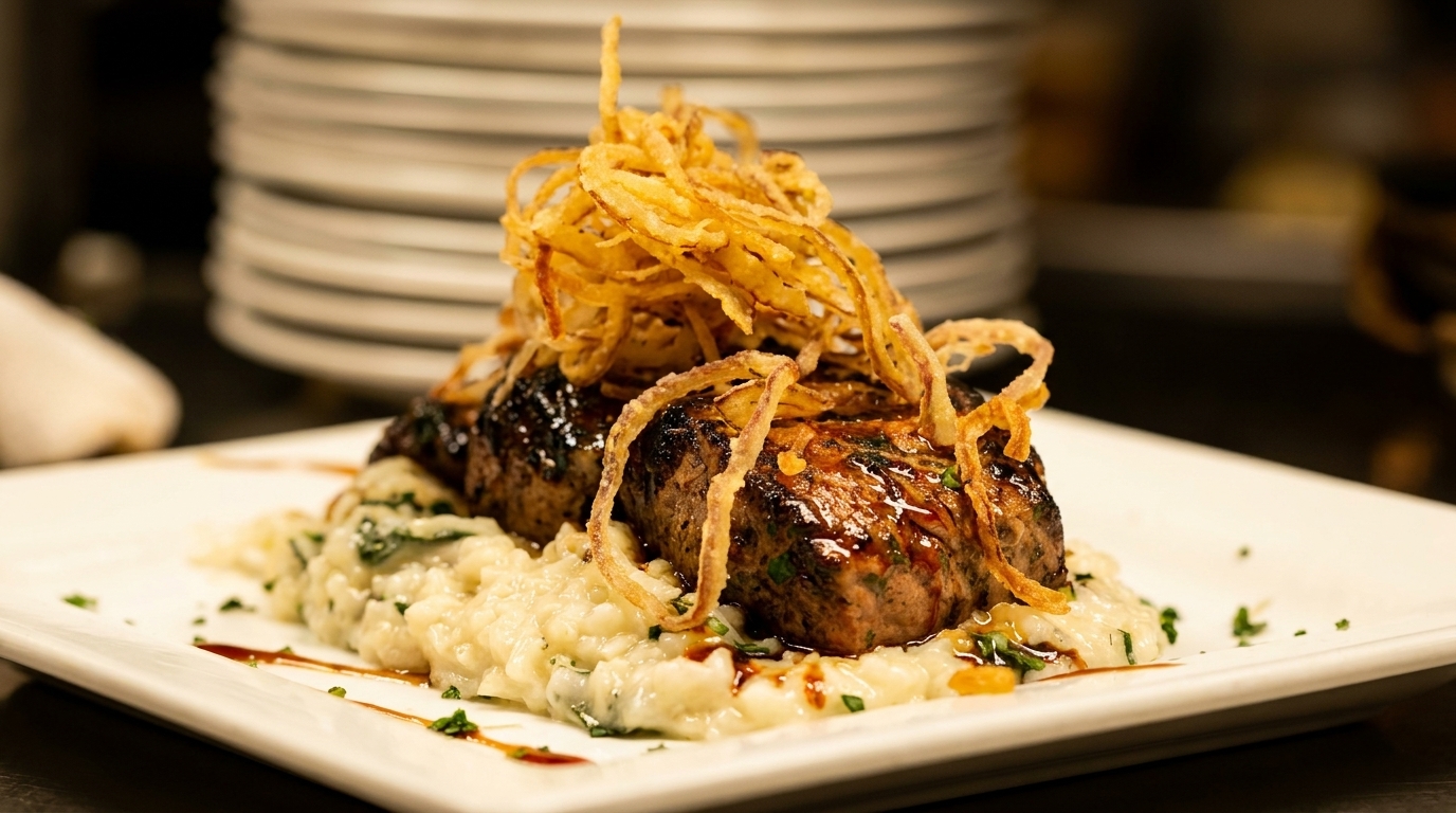 Two pieces of steak topped with crispy fried onions, served over risotto on a white plate.