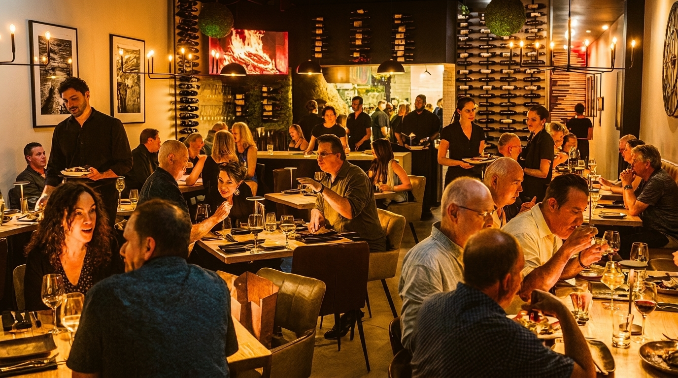A bustling restaurant dining room with many patrons seated at tables and servers attending to them.