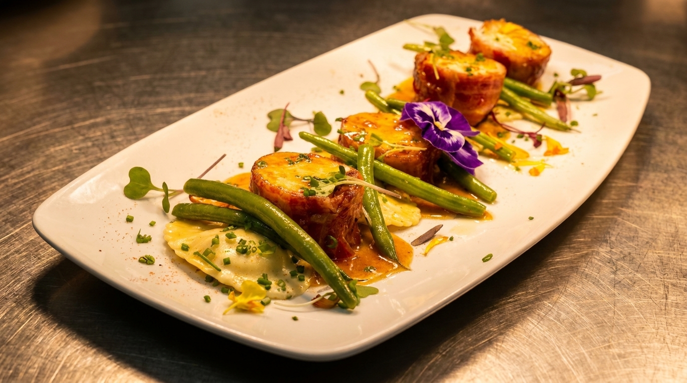 Plated dish with bacon-wrapped scallops, green beans, ravioli, sauce, and a purple edible flower.