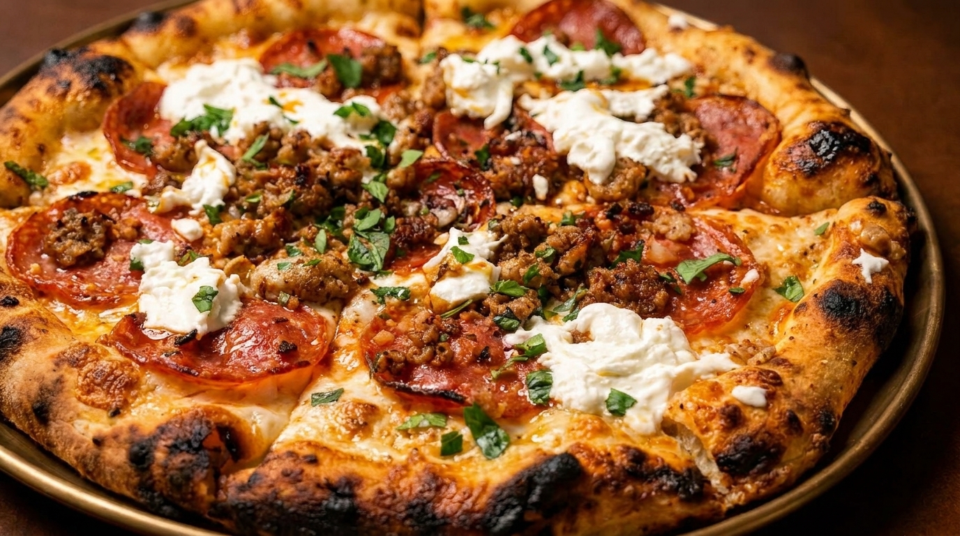 A whole pepperoni and sausage pizza with dollops of ricotta cheese and fresh herbs.
