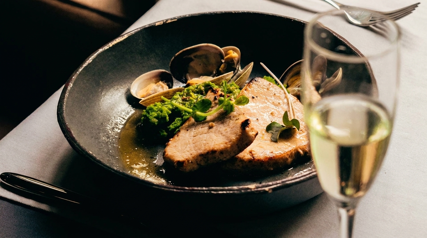 Seared pork slices with clams, green vegetables, and a glass of white wine on a table.