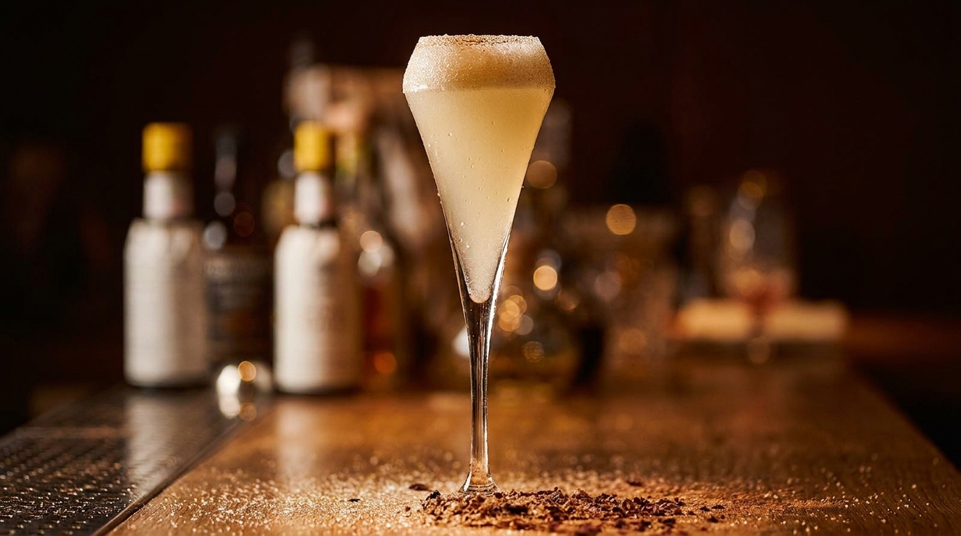 A tall, elegant cocktail glass with a foamy, light-colored drink and a sugared rim.