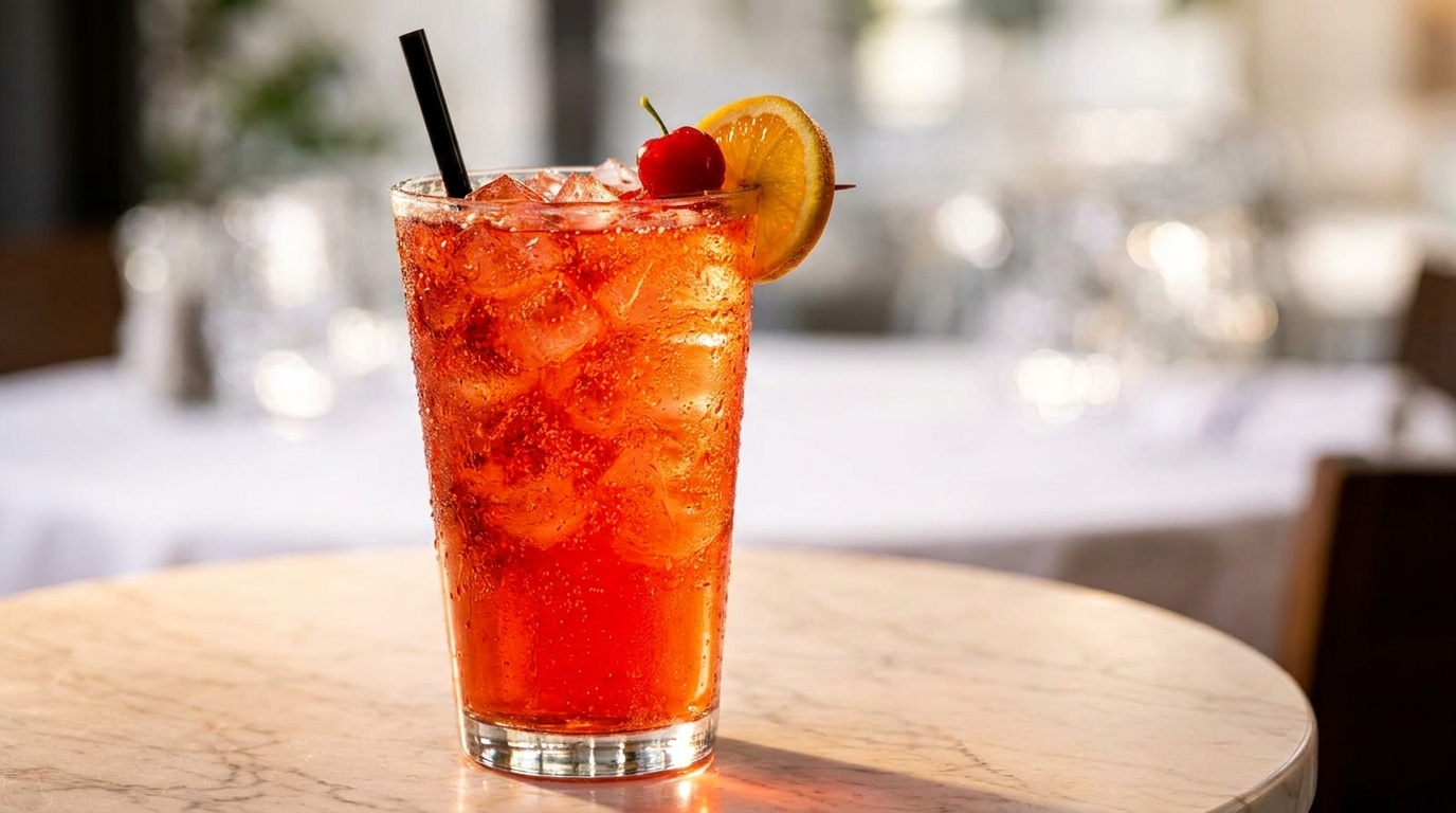 A vibrant orange cocktail with ice, a black straw, cherry, and orange slice on a marble table.