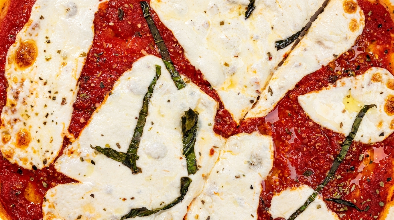 Close-up of a freshly baked Margherita pizza with melted mozzarella, bright red tomato sauce, and basil.