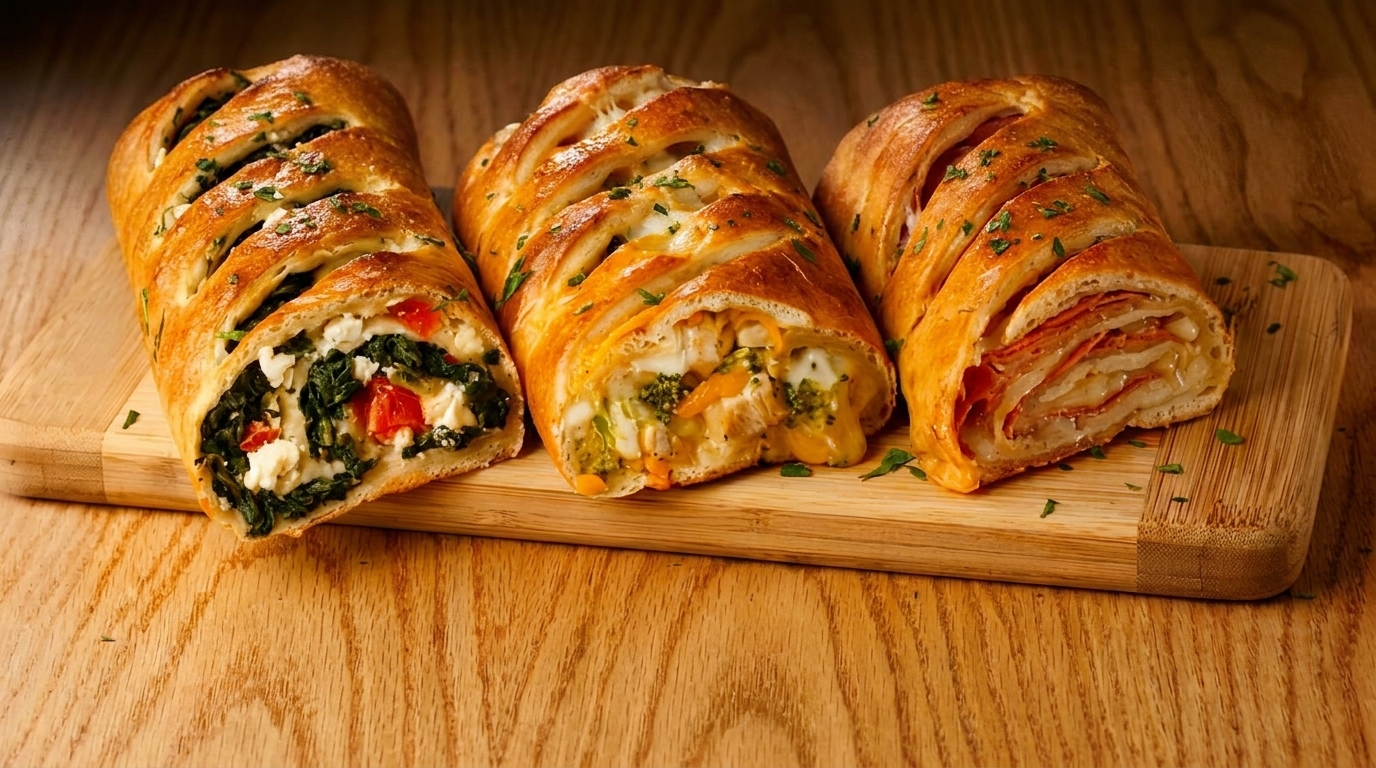 Three savory strombolis, one with spinach and feta, one with chicken and broccoli, and one with pepperoni.