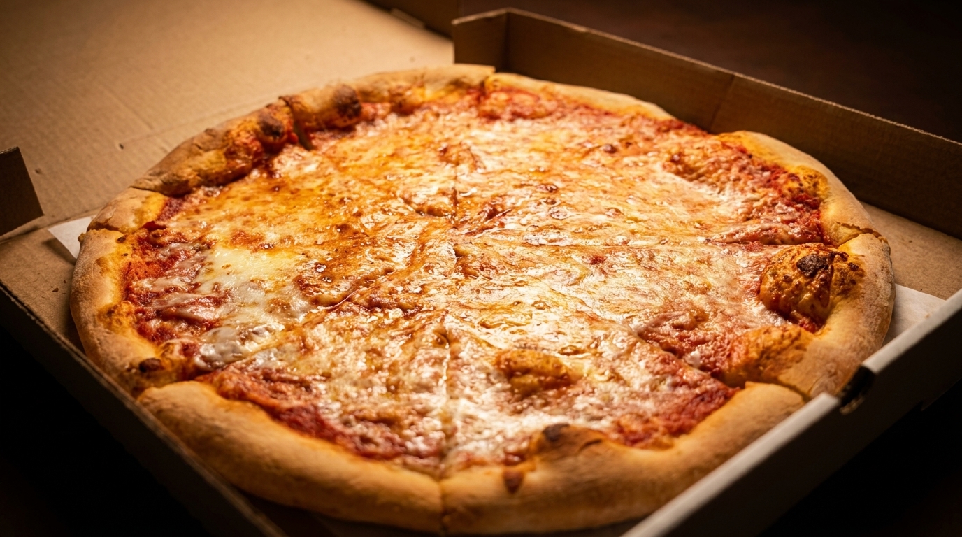 A whole, hot cheese pizza with a golden crust, sliced and sitting in a cardboard delivery box.