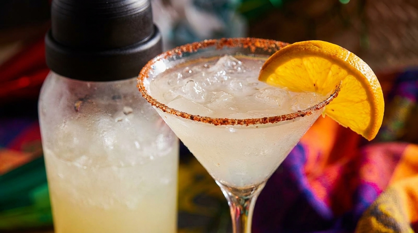 Margarita with a chili-lime rim and orange slice, next to a cocktail shaker, on a colorful textile.