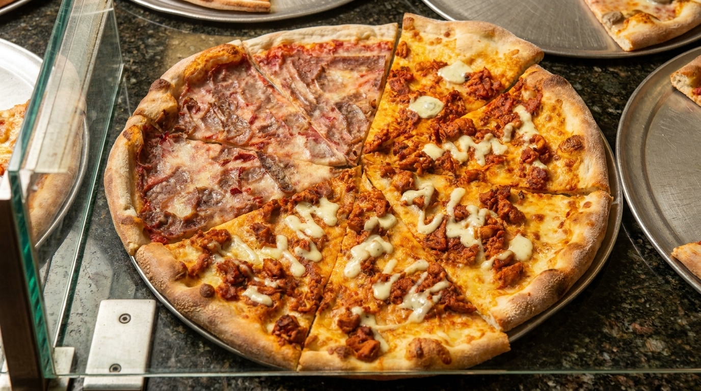 Half pepperoni and half chicken pizza with white sauce on a metal tray.