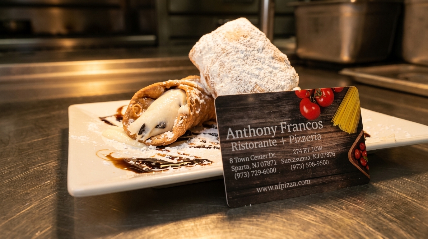 Two cannolis dusted with powdered sugar and chocolate syrup, with an Anthony Francos business card.