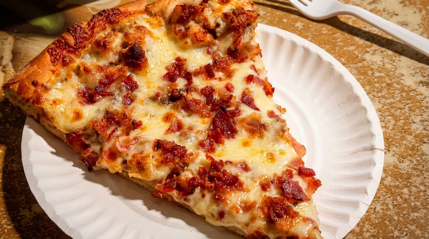 A slice of pizza with melted cheese and crispy bacon bits on a white paper plate.