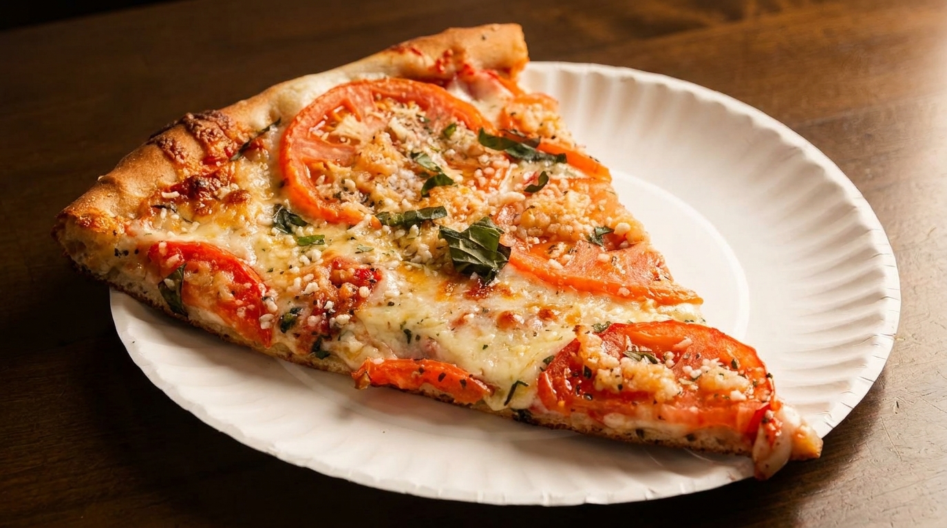 A slice of pizza with tomatoes, cheese, and basil on a white paper plate.