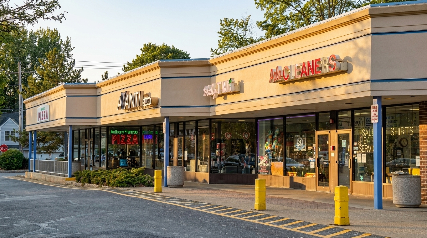 Exterior of a strip mall with "Anthony Franco's Pizza" and other businesses under a sunny sky.