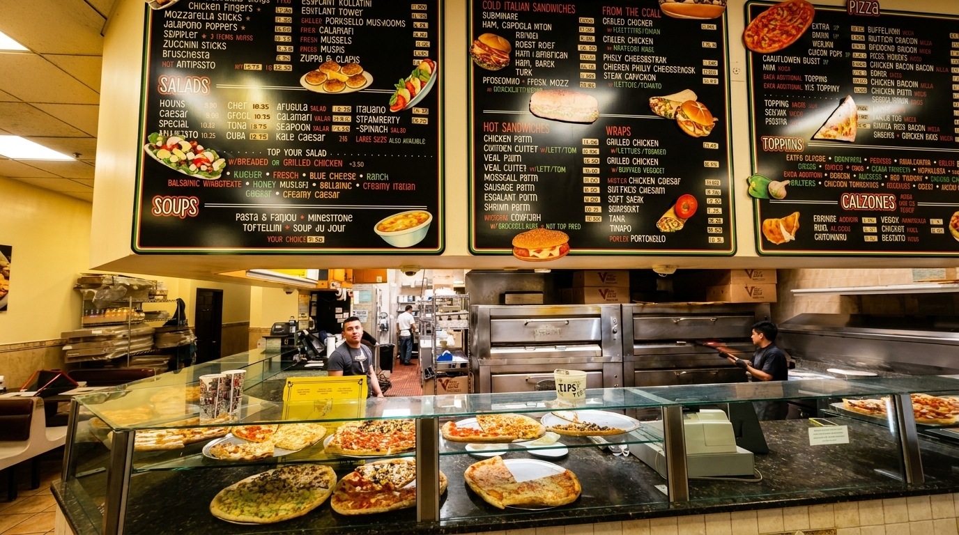 A pizza restaurant interior with large menu boards, a display case of pizzas, and staff working behind the counter.
