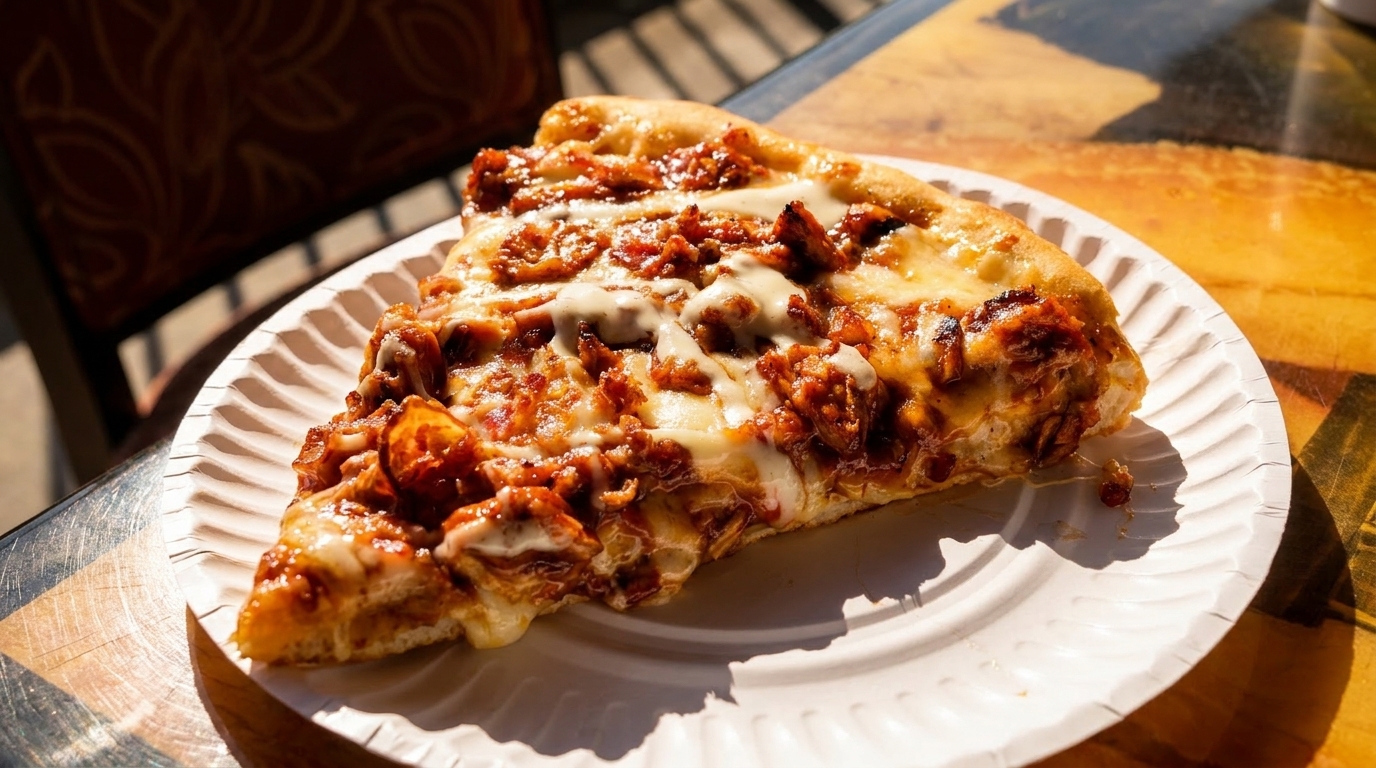 A slice of BBQ chicken pizza with melted cheese and white sauce on a paper plate.