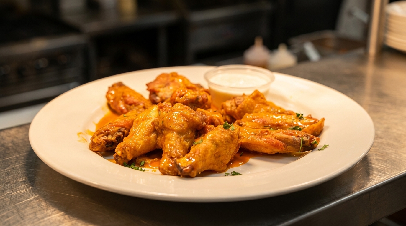 A plate of buffalo wings with sauce and a side of ranch dressing on a metal counter.