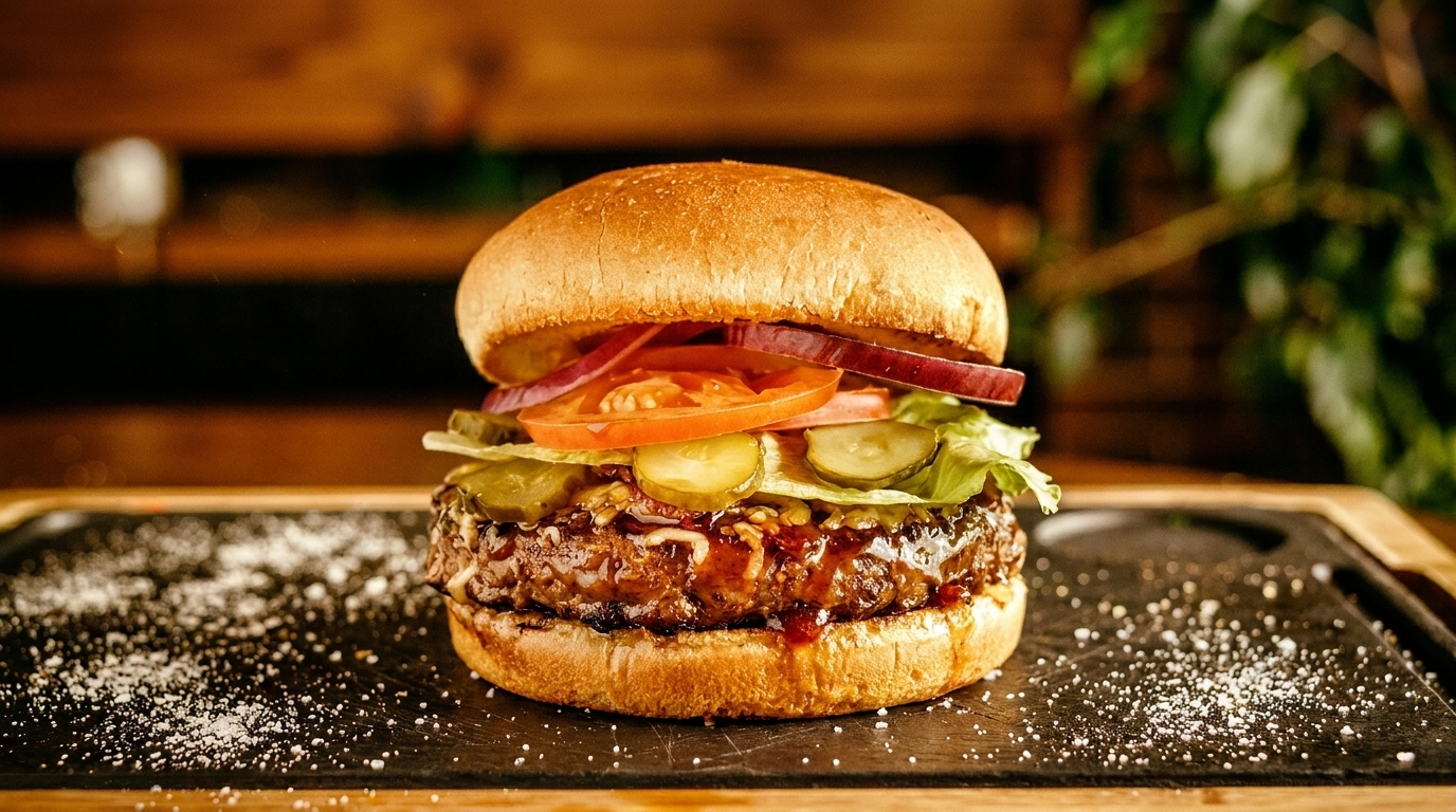 Gourmet burger with a thick patty, lettuce, tomatoes, onions, and pickles on a bun.