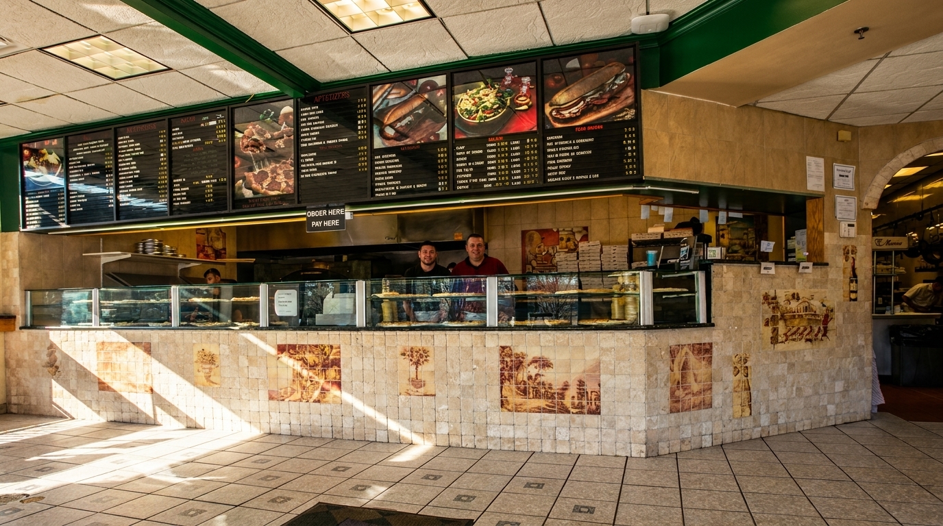 Two men smiling behind a pizza counter with menu boards above them in a brightly lit restaurant.