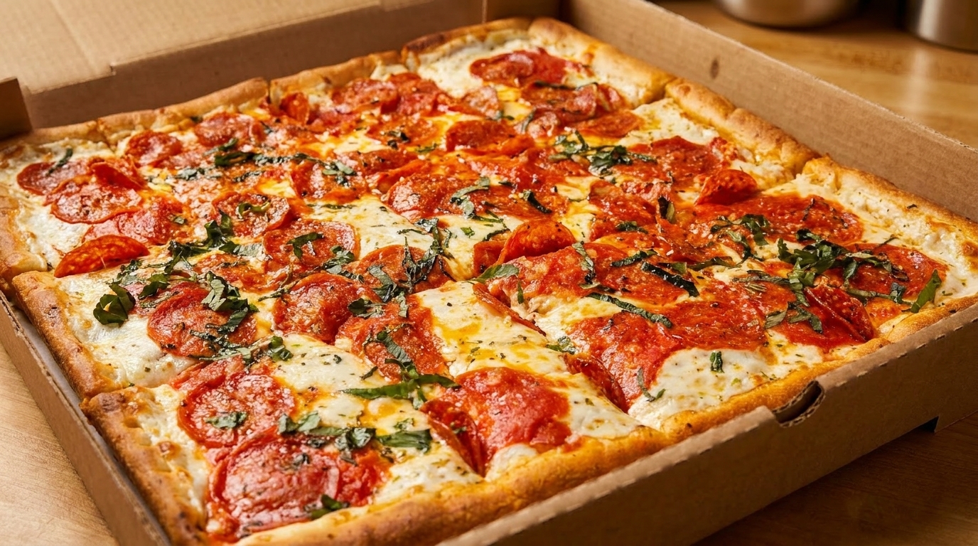 Square pepperoni and basil pizza with melted cheese in a cardboard delivery box.