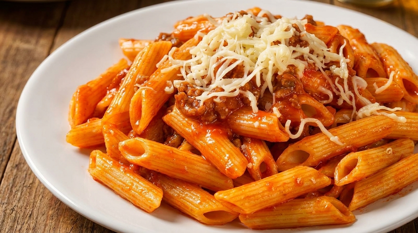 Penne pasta with rich red meat sauce and shredded cheese on a white plate.