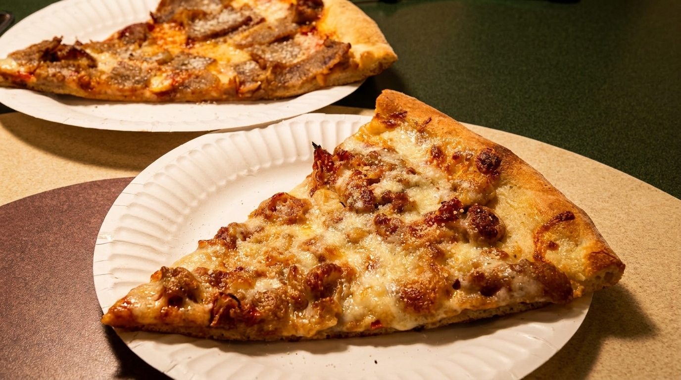 Two slices of sausage pizza on white paper plates, with a dark green and tan background.