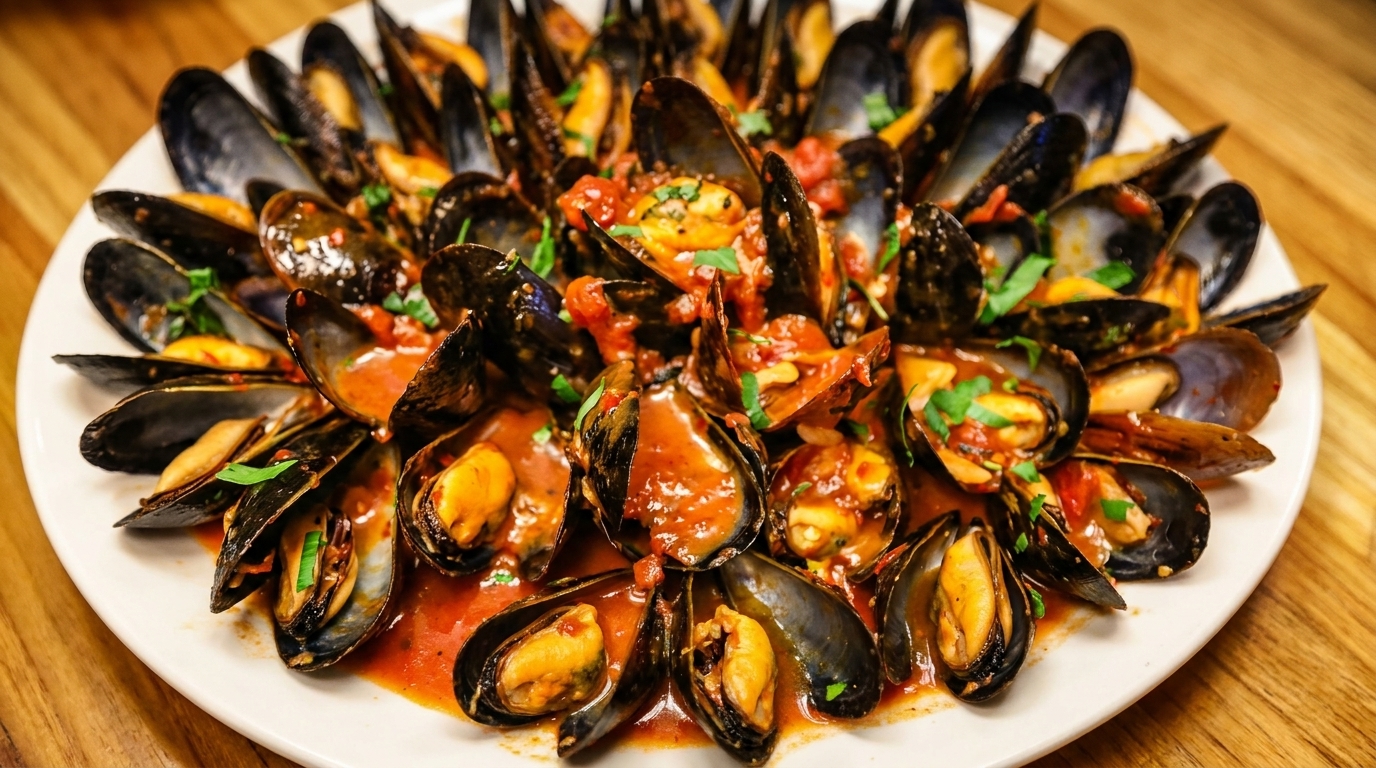 Steamed mussels in a rich red tomato sauce with fresh herbs on a white plate.