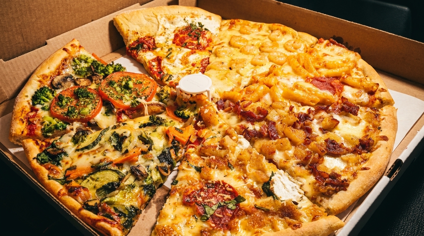 A whole pizza with eight different toppings, including vegetables, shrimp, and bacon, in a cardboard box.