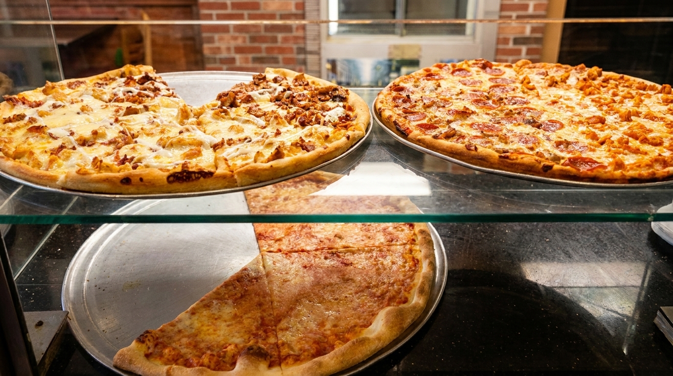 Three large pizzas, two whole and one with a slice removed, displayed in a glass case.