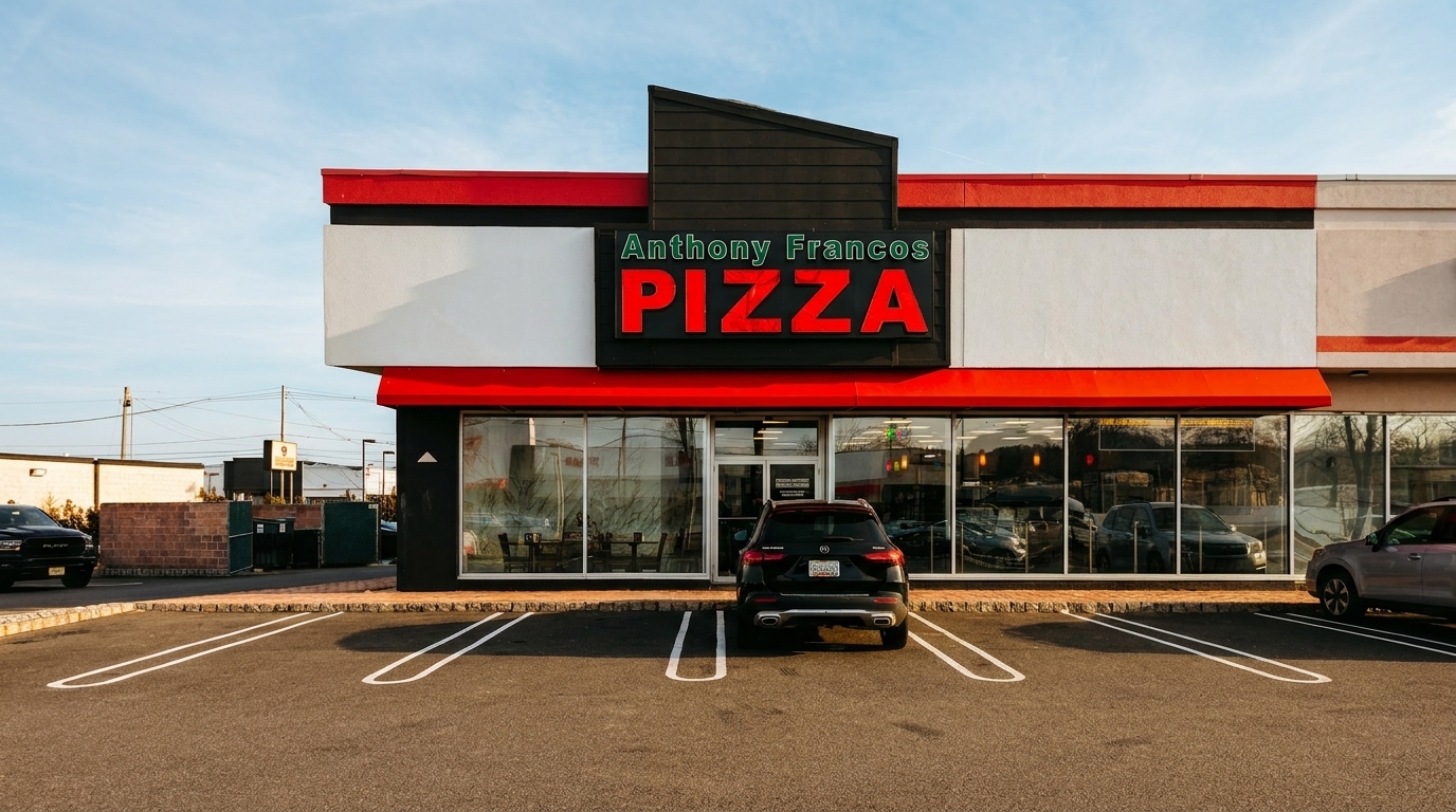 Exterior of Anthony Franco's Pizza restaurant with a red and black sign, parking lot, and cars.