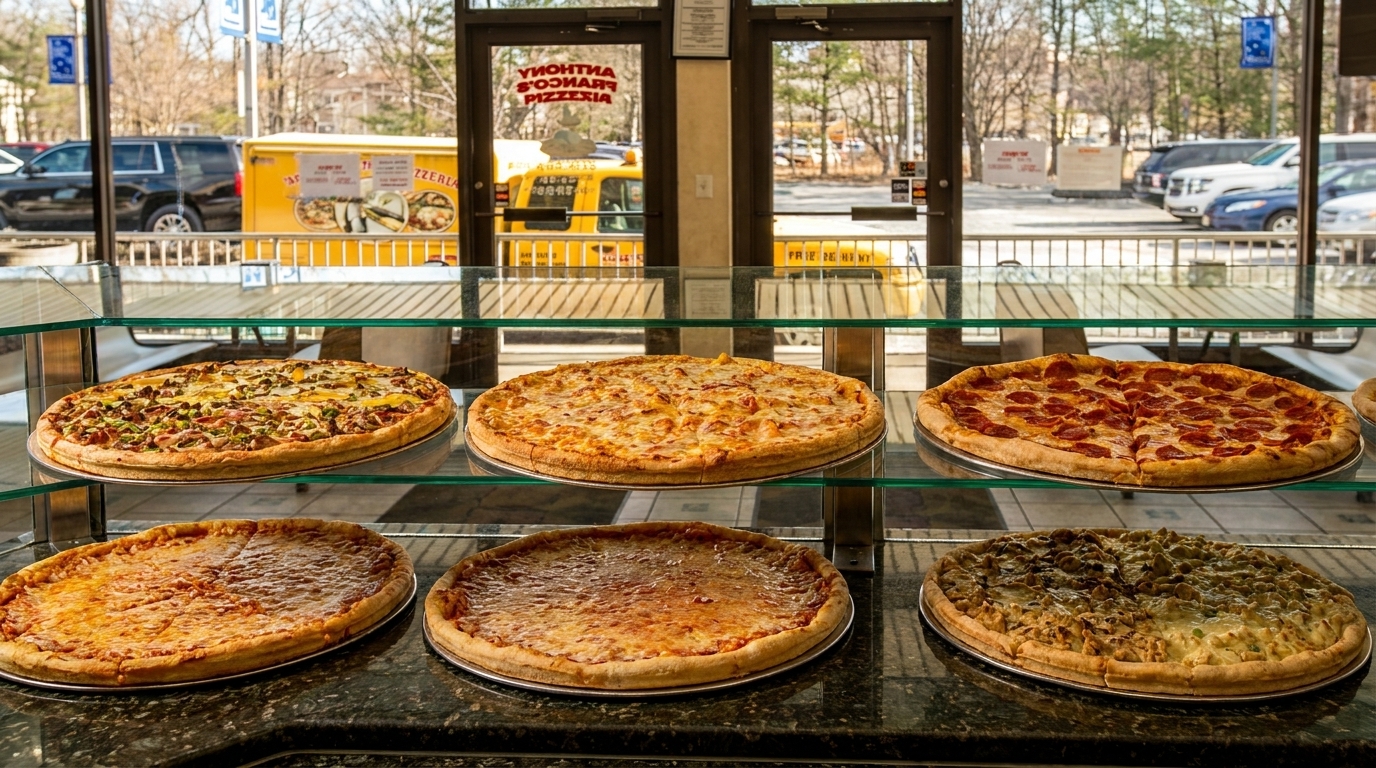 Six large pizzas with various toppings displayed in a glass case at Anthony Franco's Pizzeria.