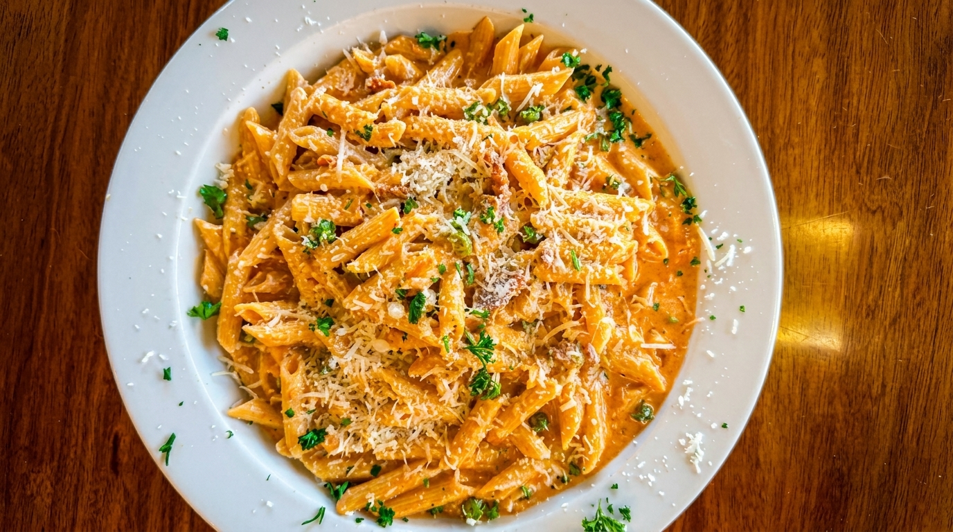 Penne pasta in a creamy orange sauce, topped with grated cheese and fresh parsley, on a white plate.