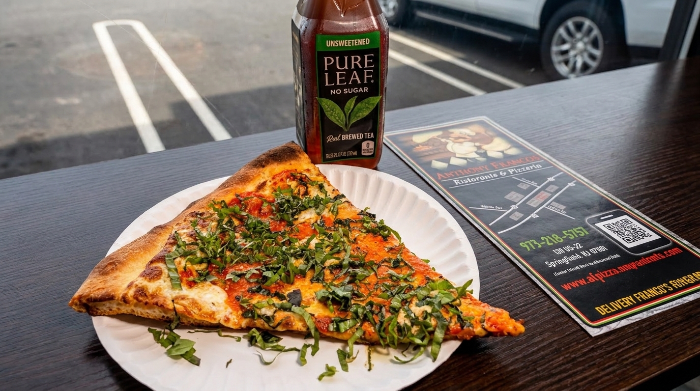 A slice of pizza with basil and a Pure Leaf iced tea bottle on a table with a menu.