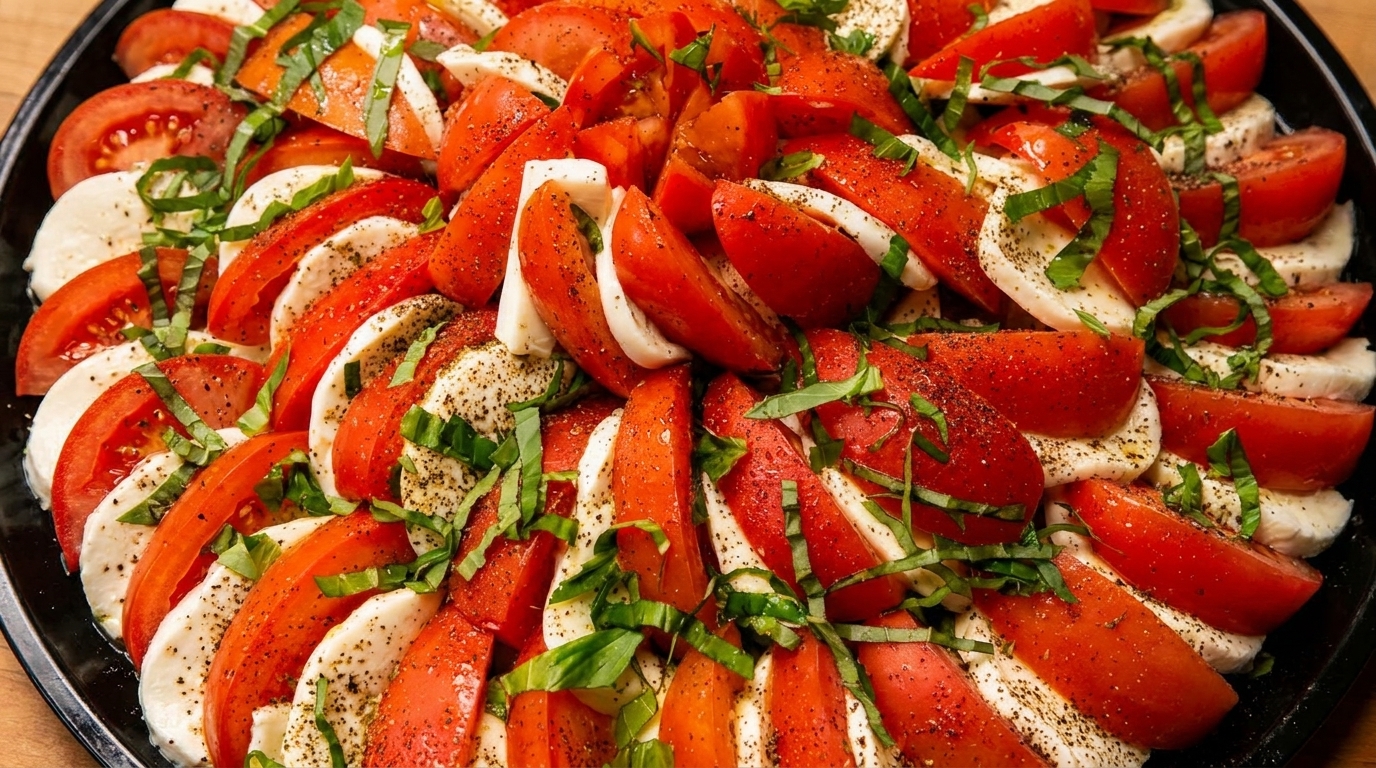 Close-up of a large platter of Caprese salad with sliced tomatoes, mozzarella, basil, and pepper.