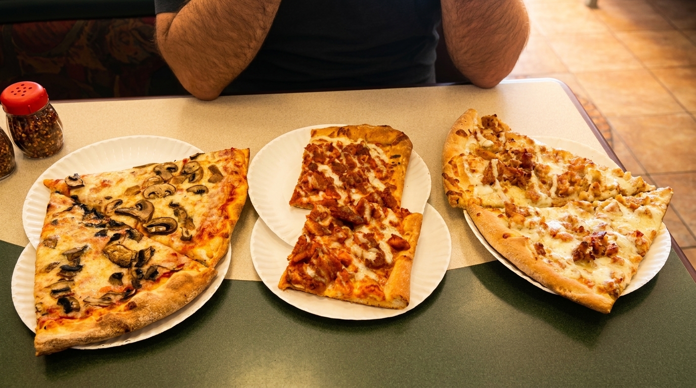 Three plates of pizza slices, including mushroom, buffalo chicken, and white pizza, on a table.