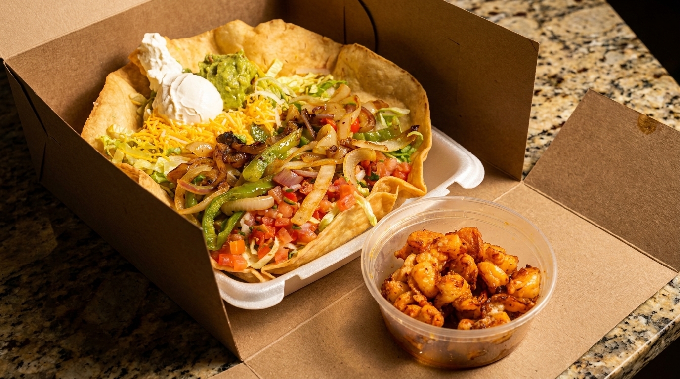 Taco salad with grilled vegetables, cheese, guacamole, and sour cream in a takeout box.