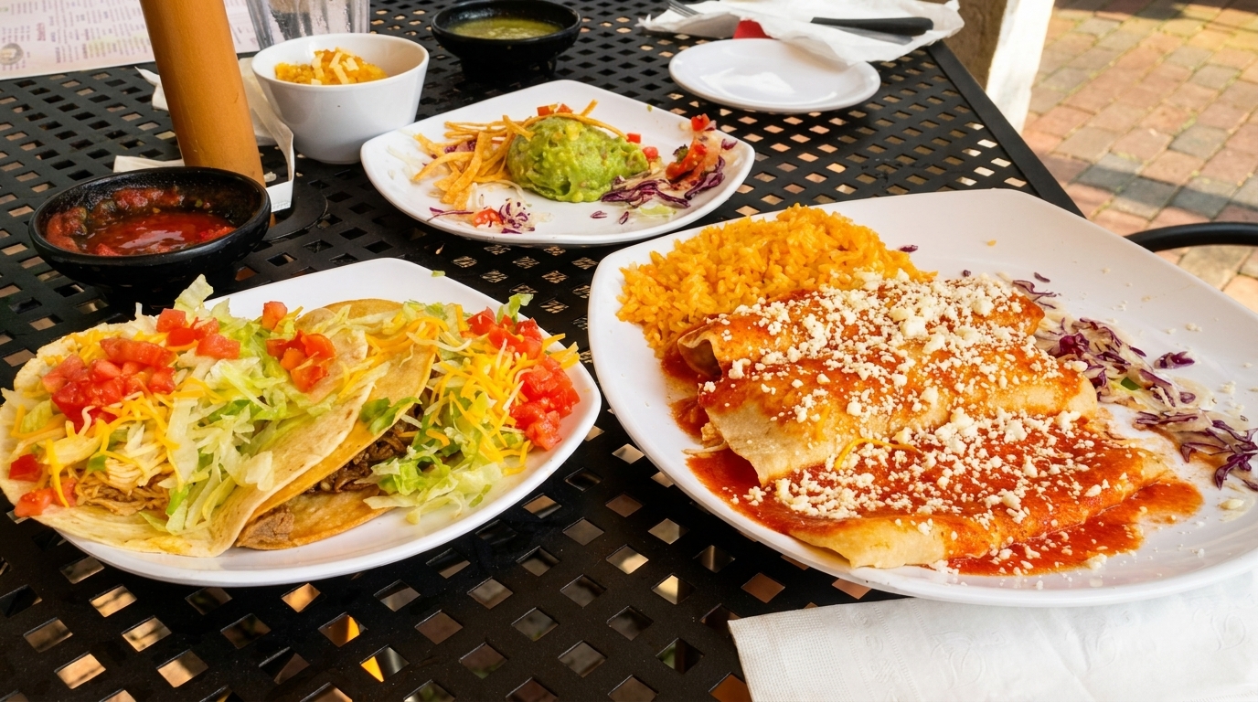A table laden with Mexican dishes including tacos, enchiladas with rice, guacamole, and salsa.