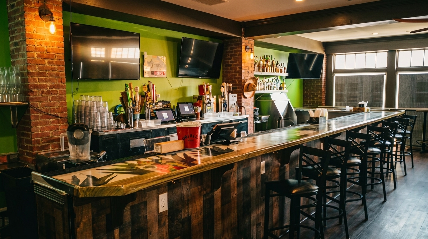A vibrant bar with green walls, brick pillars, multiple TVs, and a long wooden bar with stools.