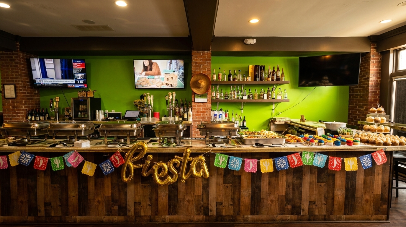 A vibrant buffet table with chafing dishes, colorful cupcakes, and a "Fiesta" balloon banner.