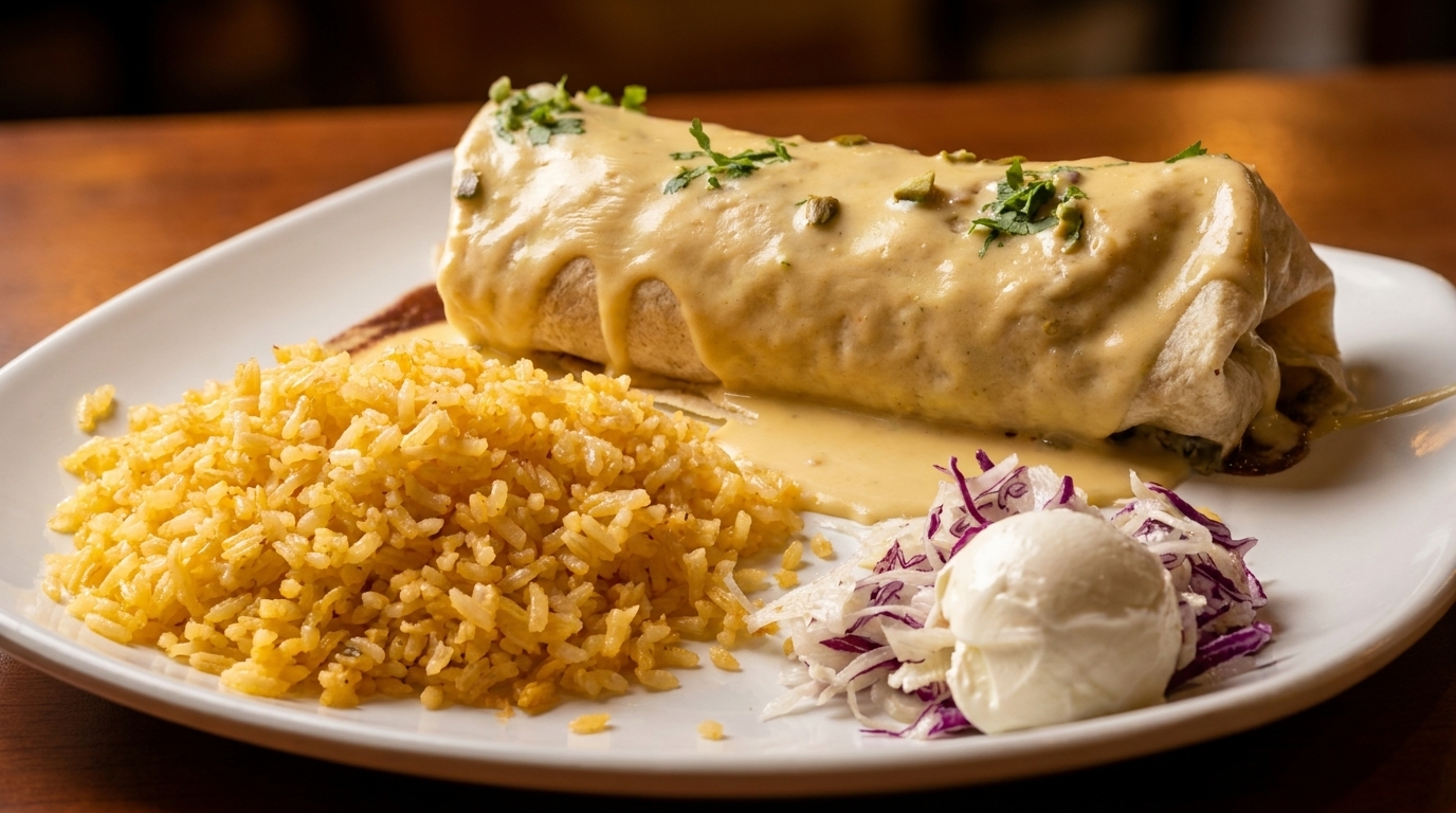A large burrito covered in creamy sauce, served with yellow rice and a side of coleslaw.