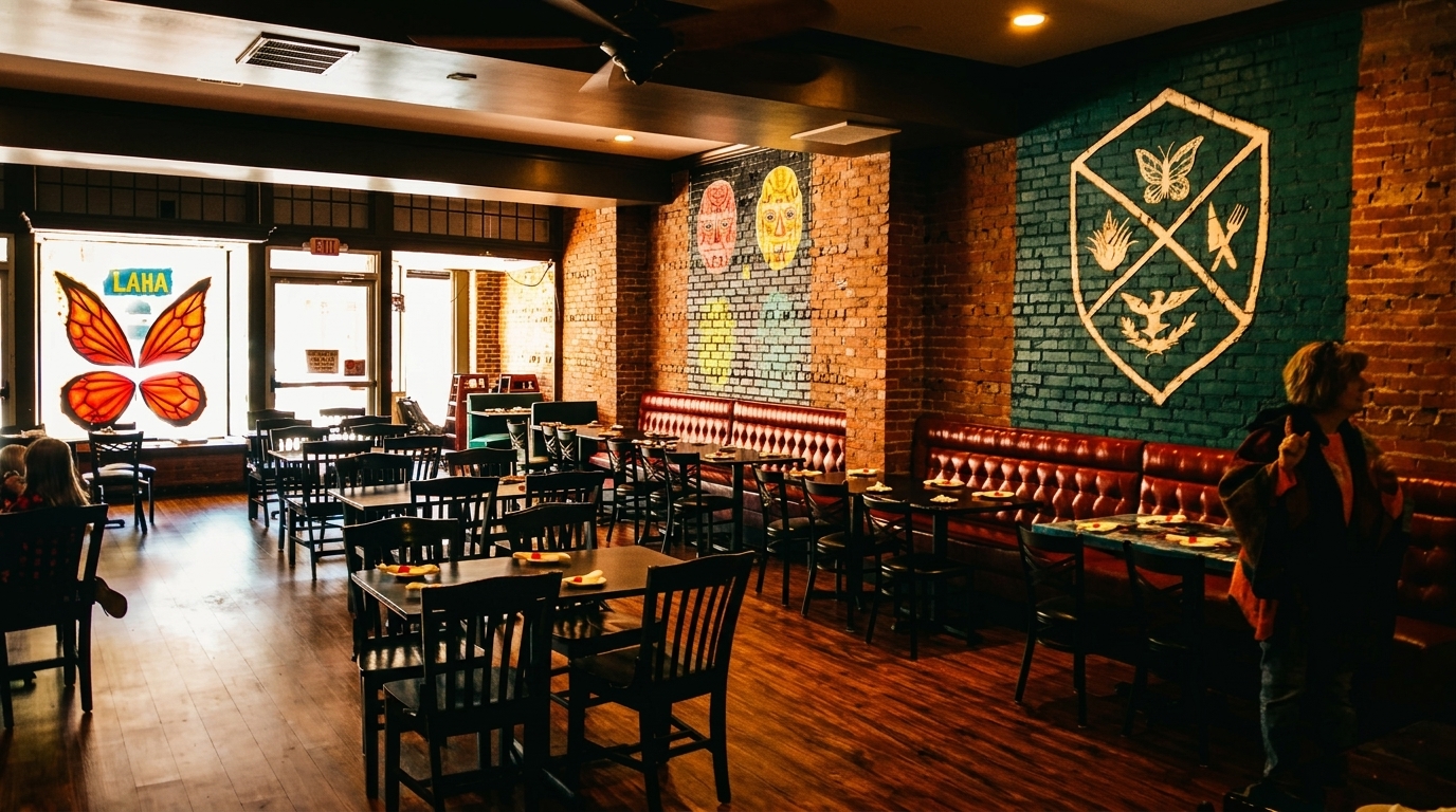 Spacious restaurant dining room with brick walls, red booths, dark tables, and a large butterfly window decal.