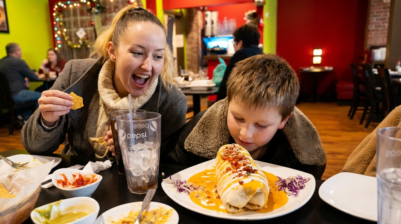 A woman and boy at a restaurant table, with the boy looking at a large burrito.