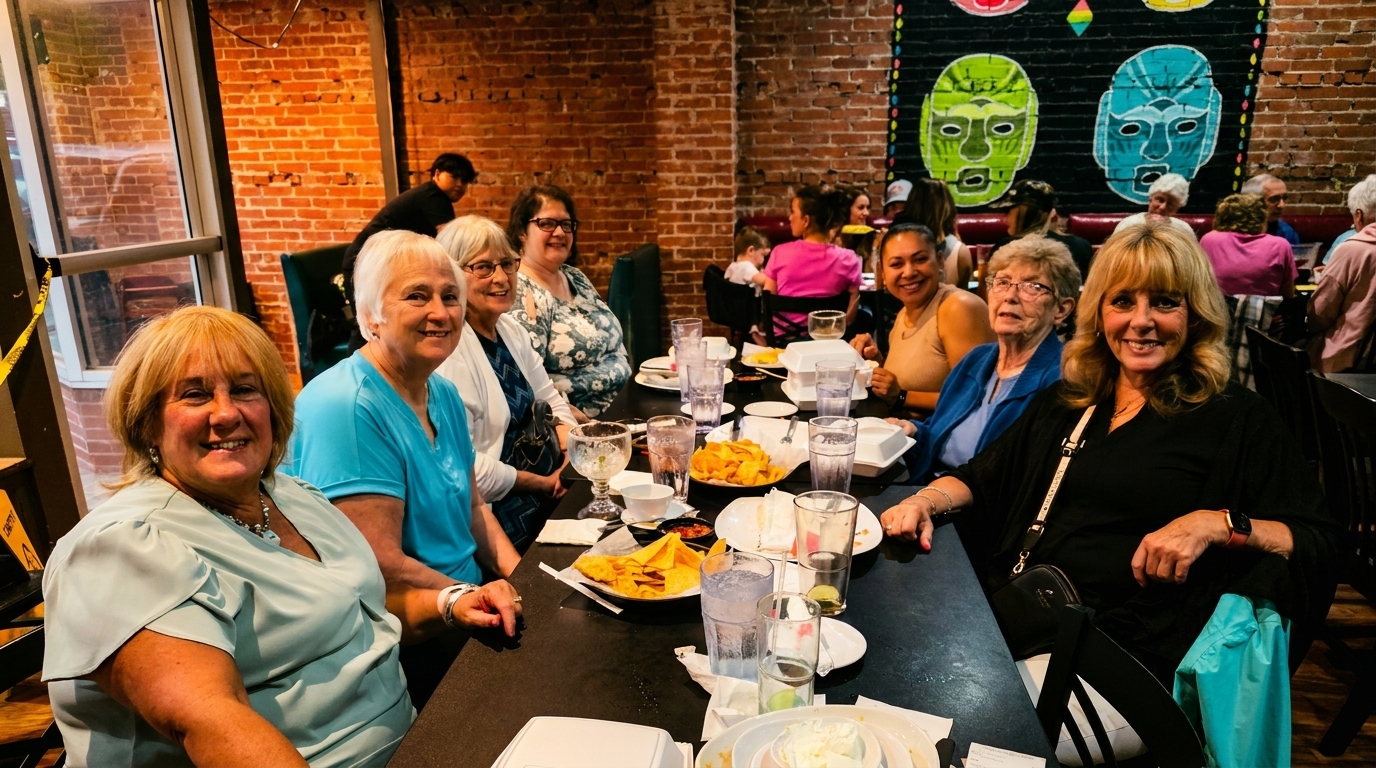 A group of smiling women enjoying a meal together at a restaurant with brick walls and colorful decor.